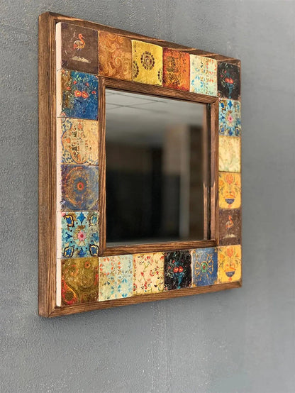 Handmade Decorative Wall Hanging Ceramic Tile Mirror, Natural Stone