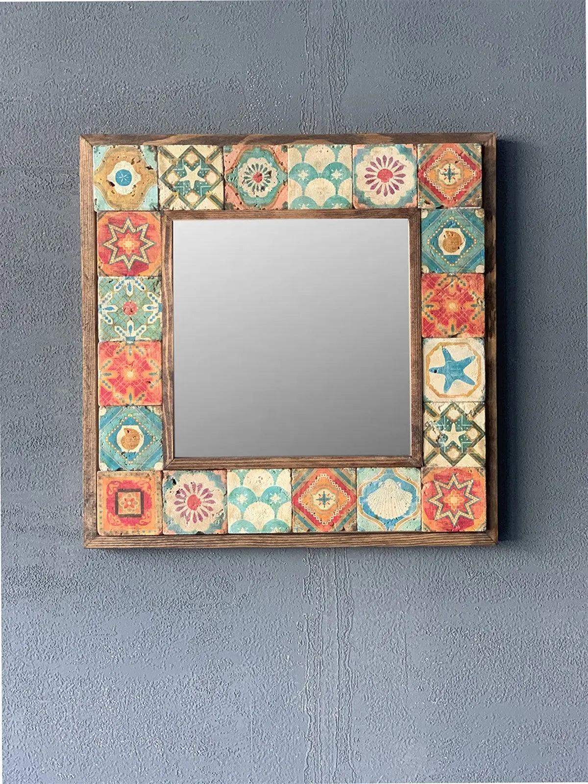 Wooden Framed Mosaic Tile Mirror Unique Handmade Decor Mirror for Home