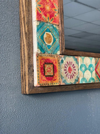 Wooden Framed Mosaic Tile Mirror Unique Handmade Decor Mirror for Home