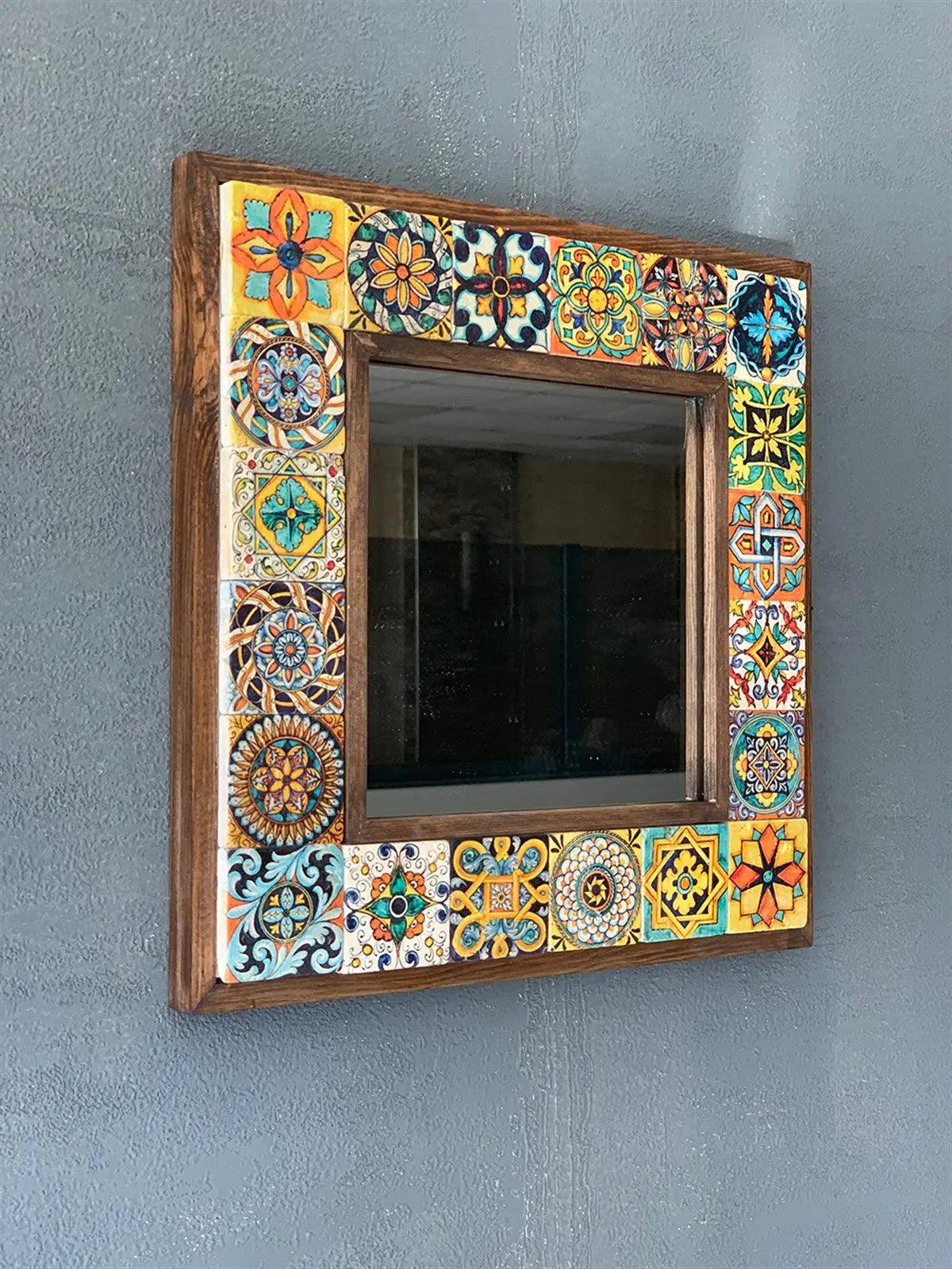 Mosaic Stone Wooden Framed Mirror Handmade Colourful Wall Art 