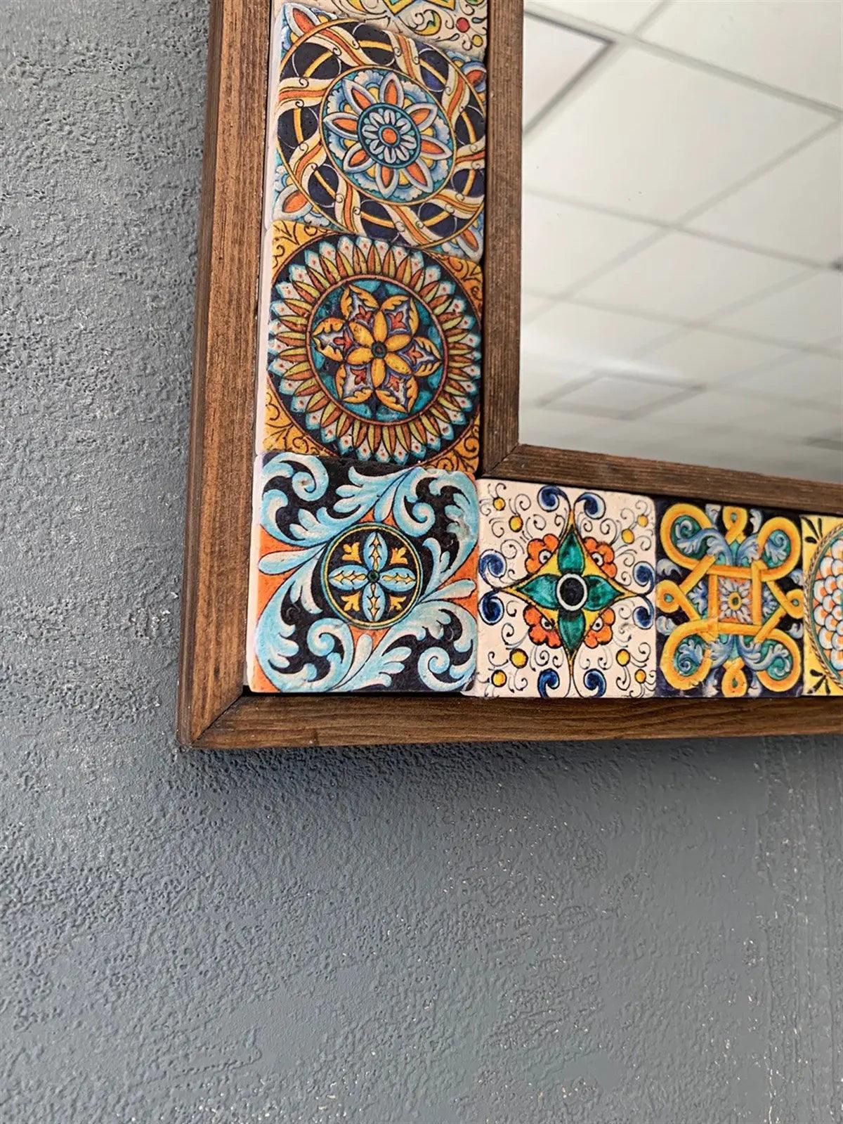 Mosaic Stone Wooden Framed Mirror Handmade Colourful Wall Art 