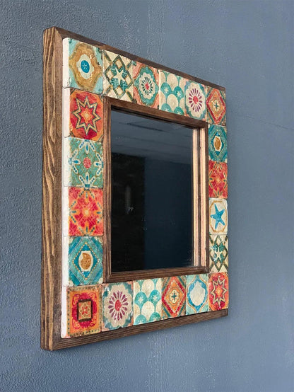 Wooden Framed Mosaic Tile Mirror Unique Handmade Decor Mirror for Home