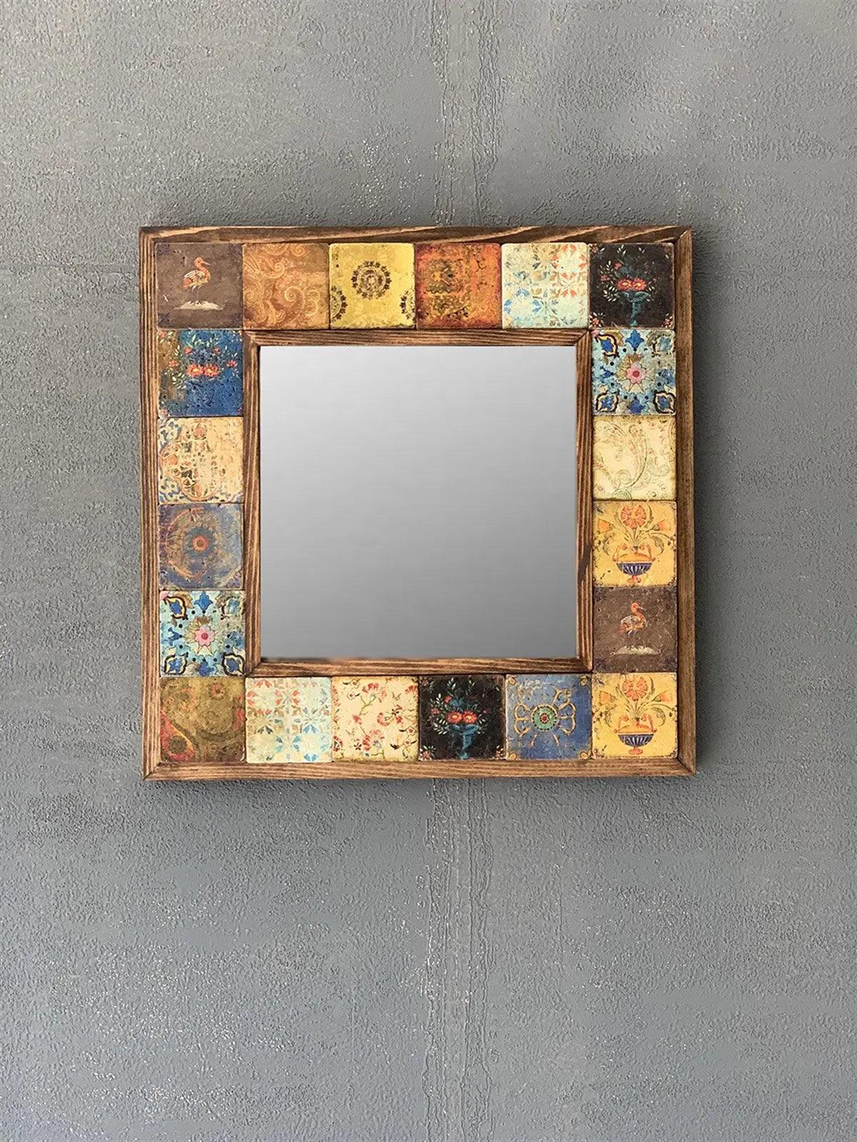 Handmade Decorative Wall Hanging Ceramic Tile Mirror, Natural Stone