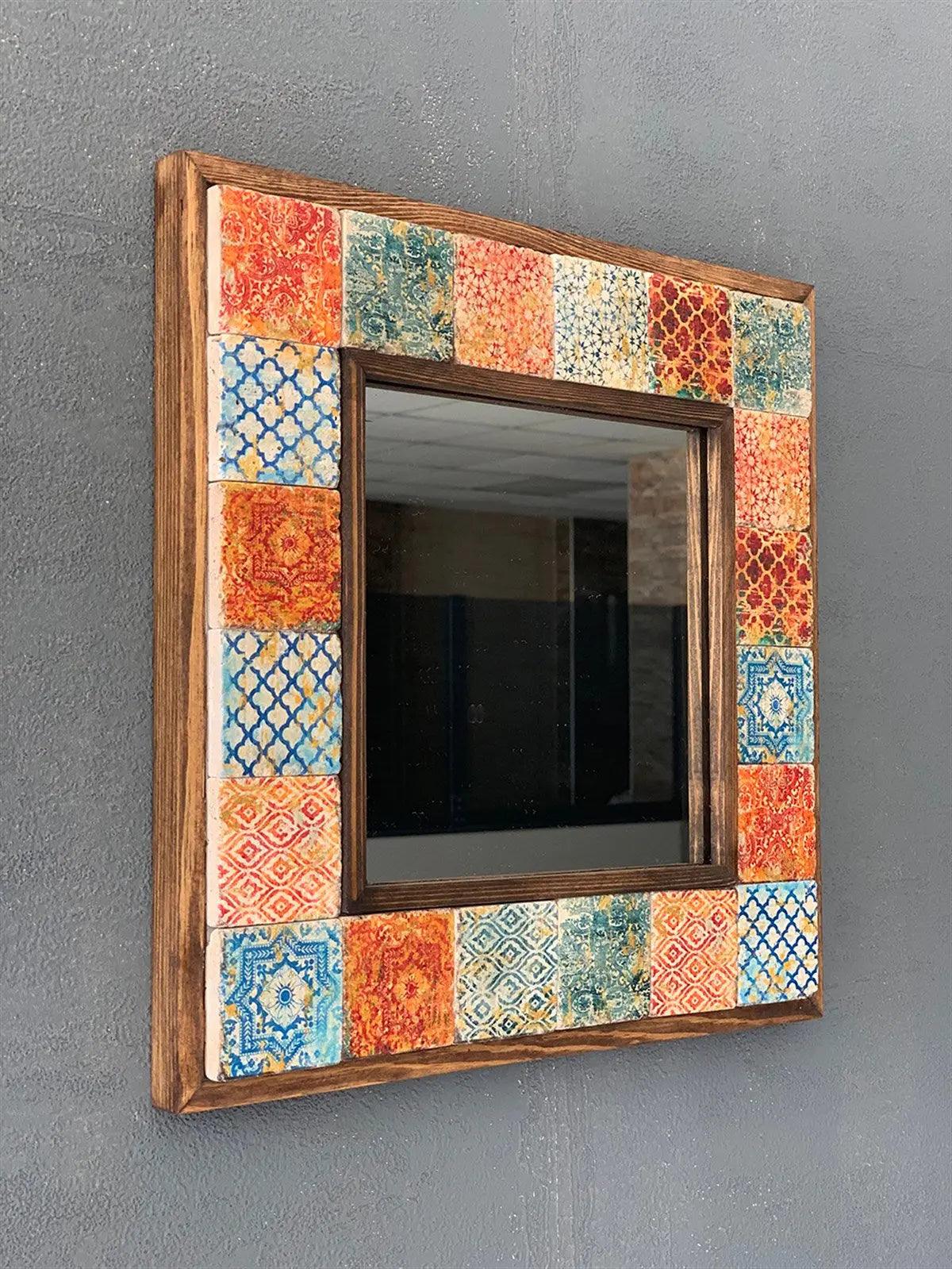 Wood Mosaic Mirror Décor Unique Ceramic Tile Wall Hanging Gif