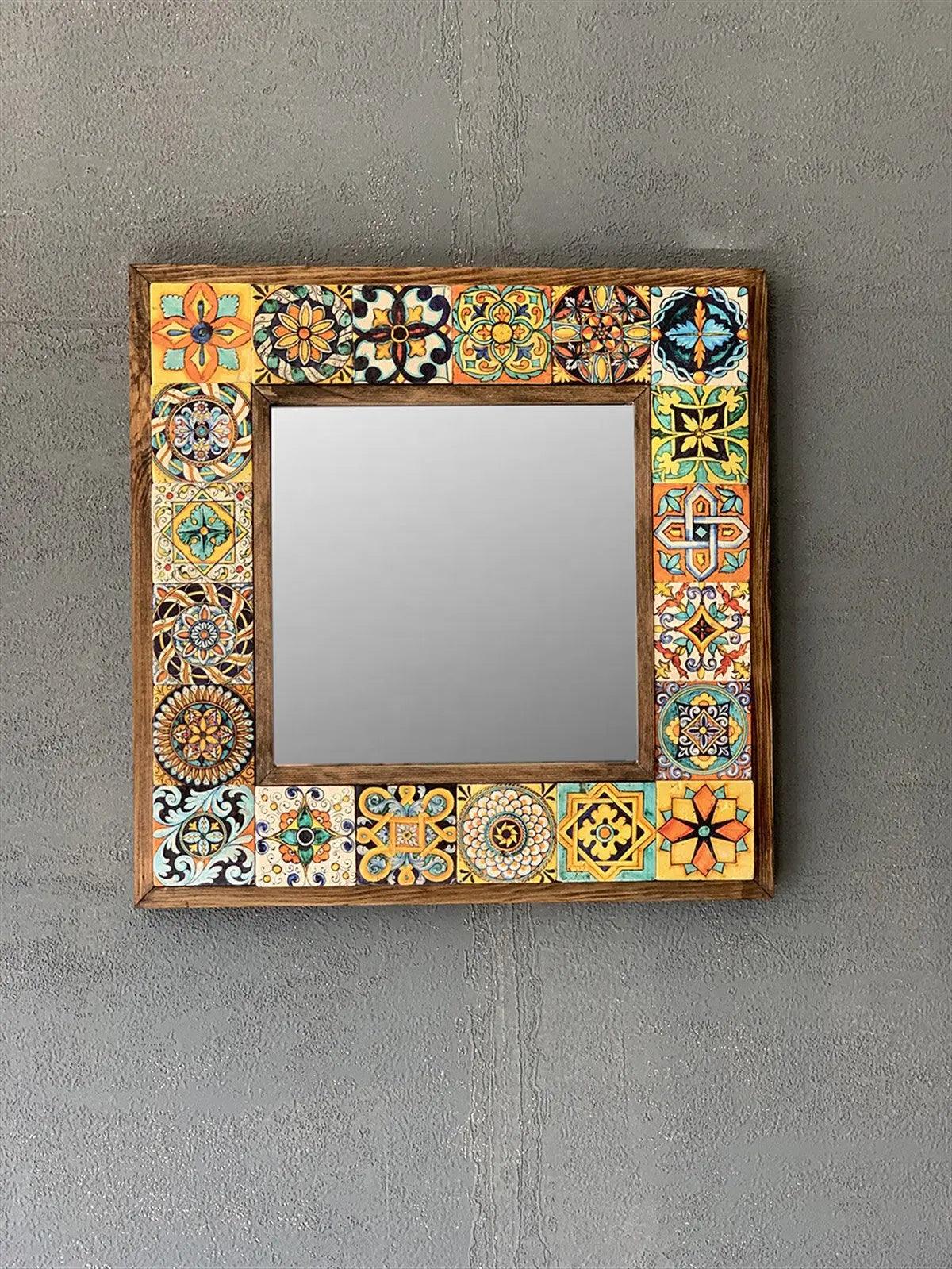 Mosaic Stone Wooden Framed Mirror Handmade Colourful Wall Art 