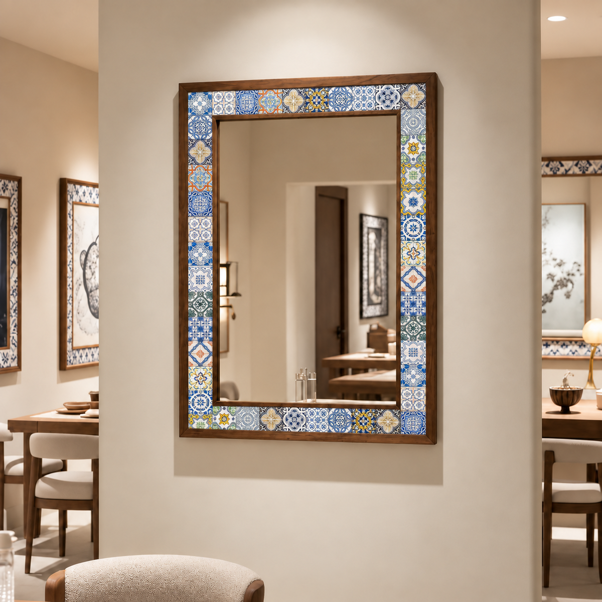Paphos Mosaic Mirror styled in a dining room — handmade Turkish mosaic wall mirror