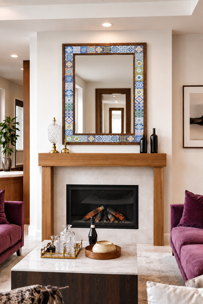Paphos Mosaic Mirror styled above a fireplace — handmade Turkish mosaic wall mirror