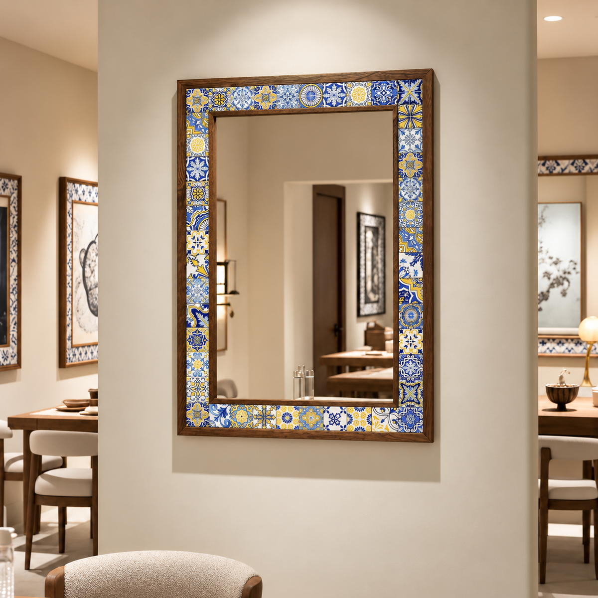 Porto Mosaic Mirror styled in a dining room — handmade Turkish mosaic wall mirror