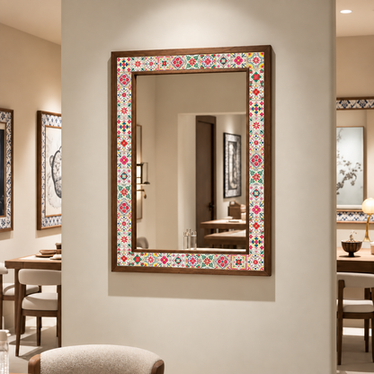 Positano Mosaic Mirror styled in a dining room — handmade Turkish mosaic wall mirror