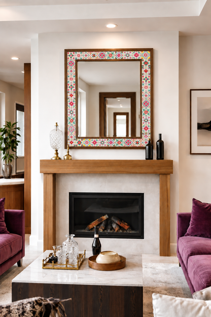 Positano Mosaic Mirror styled above a fireplace — handmade Turkish mosaic wall mirror