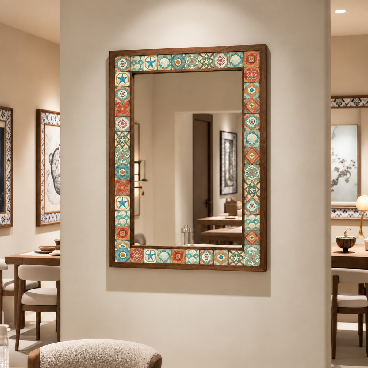 Puebla Mosaic Mirror styled in a dining room — handmade Turkish mosaic wall mirror