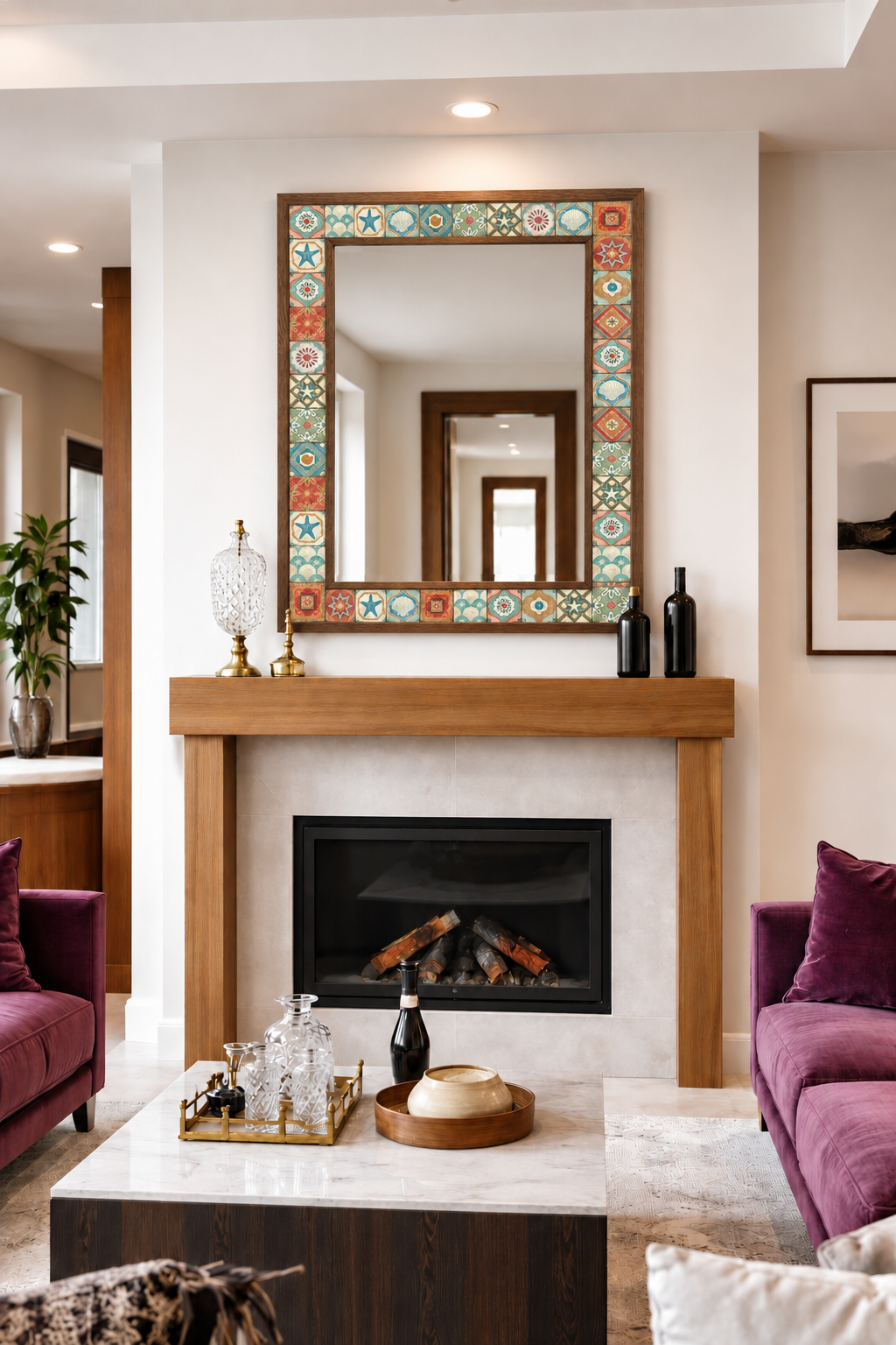 Puebla Mosaic Mirror styled above a fireplace — handmade Turkish mosaic wall mirror