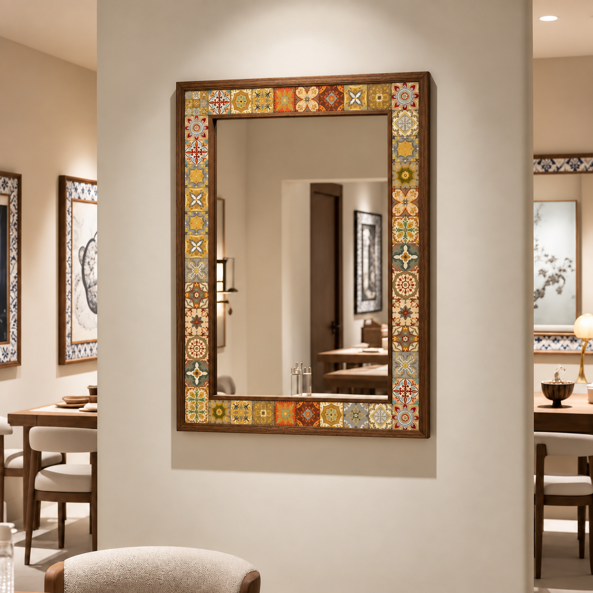 Sahara Mosaic Mirror styled in a dining room — handmade Turkish mosaic wall mirror