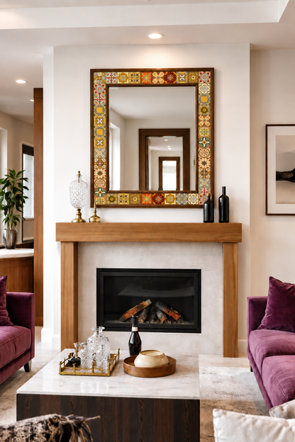 Sahara Mosaic Mirror styled above a fireplace — handmade Turkish mosaic wall mirror