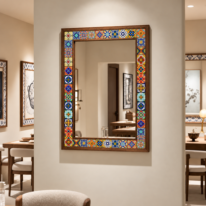 San Diego Mosaic Mirror styled in a dining room — handmade Turkish mosaic wall mirror