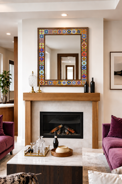 San Diego Mosaic Mirror styled above a fireplace — handmade Turkish mosaic wall mirror
