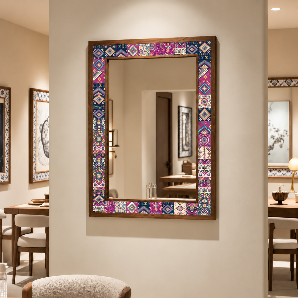 Santa Fe Mosaic Mirror styled in a dining room — handmade Turkish mosaic wall mirror