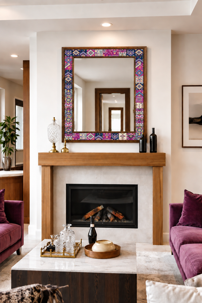 Santa Fe Mosaic Mirror styled above a fireplace — handmade Turkish mosaic wall mirror