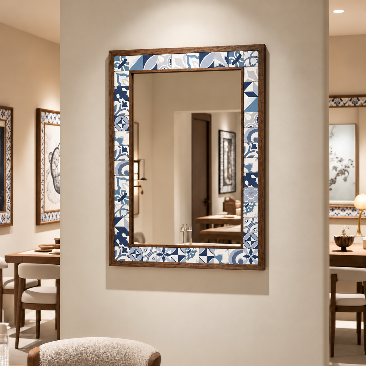 Santorini Mosaic Mirror styled in a dining room — handmade Turkish mosaic wall mirror