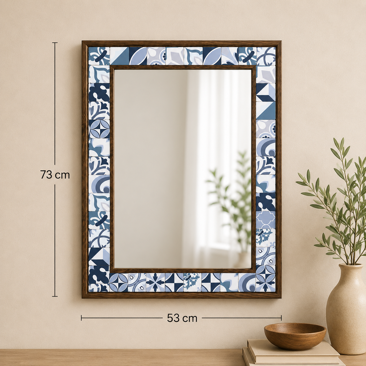 Handmade Pine Wood with Mosaic Tiles Mirror (53cm x 73cm)