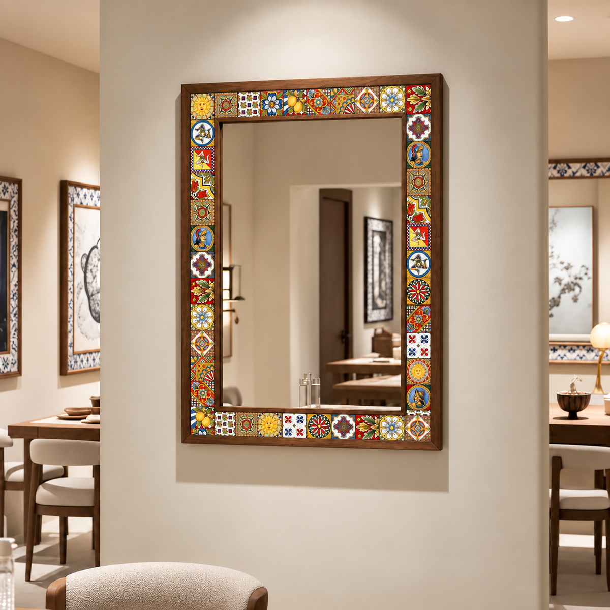 Sicilia Mosaic Mirror styled in a dining room — handmade Turkish mosaic wall mirror