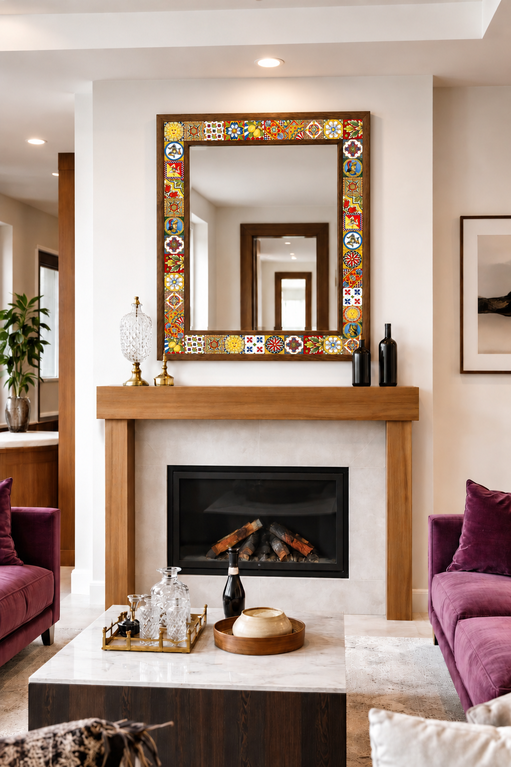 Sicilia Mosaic Mirror styled above a fireplace — handmade Turkish mosaic wall mirror