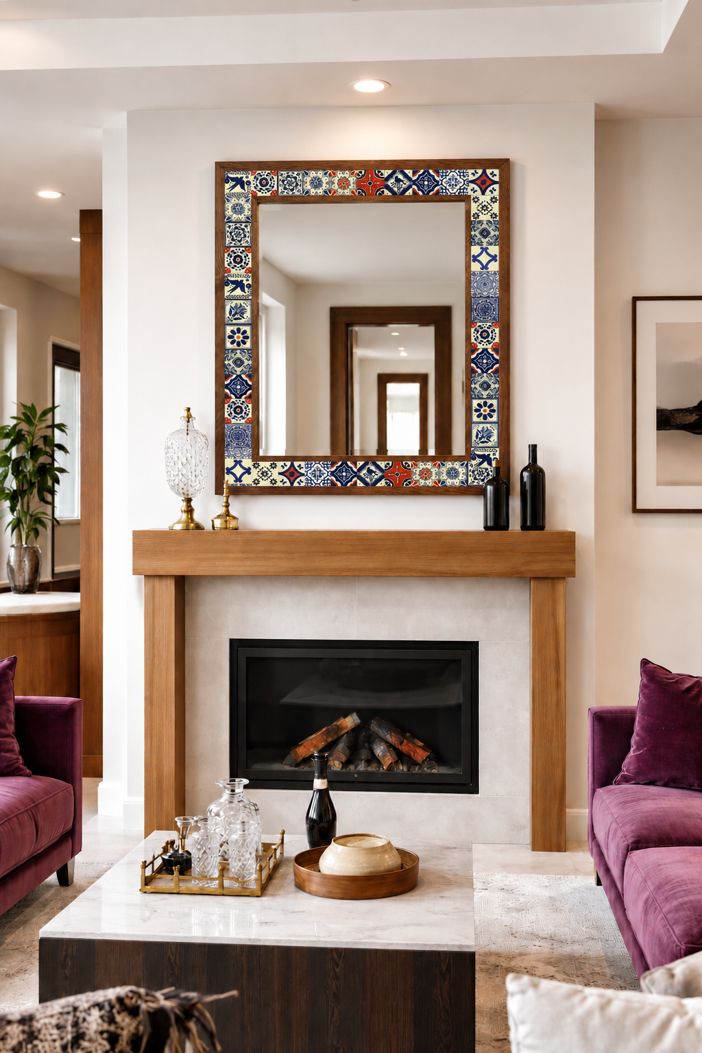 Texas Mosaic Mirror styled above a fireplace — handmade Turkish mosaic wall mirror