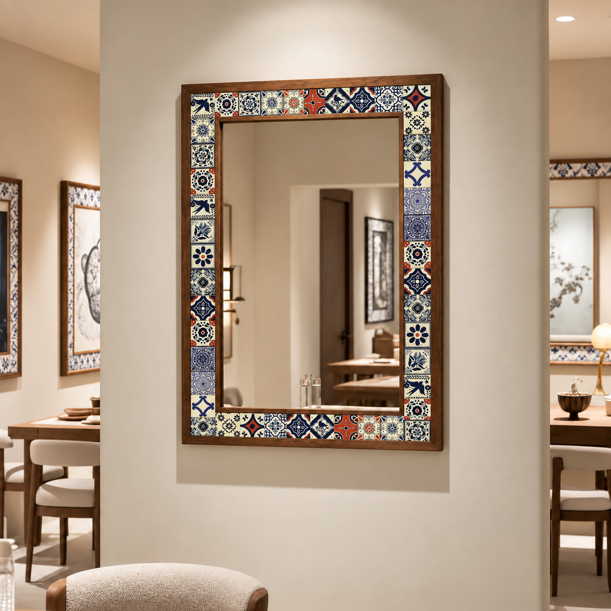 Texas Mosaic Mirror styled in a dining room — handmade Turkish mosaic wall mirror