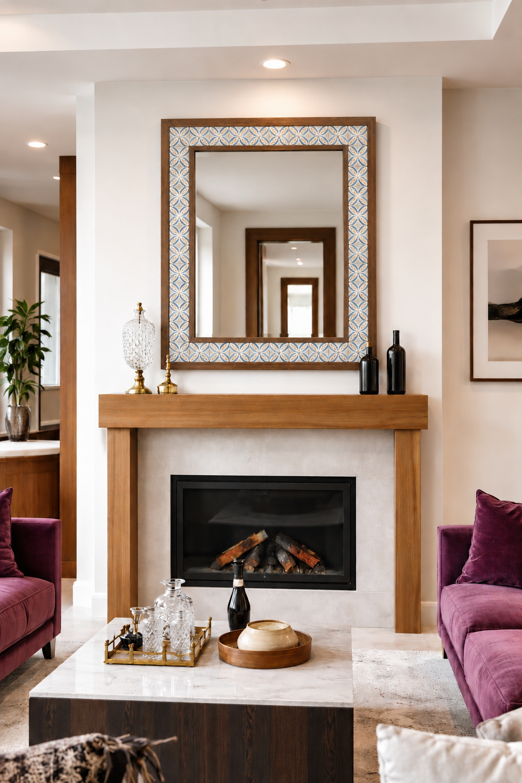 Valencia Mosaic Mirror styled above a fireplace — handmade Turkish mosaic wall mirror