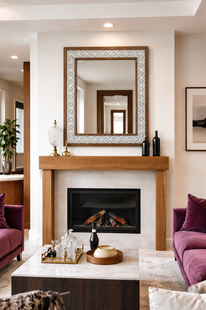 Valencia Mosaic Mirror styled above a fireplace — handmade Turkish mosaic wall mirror