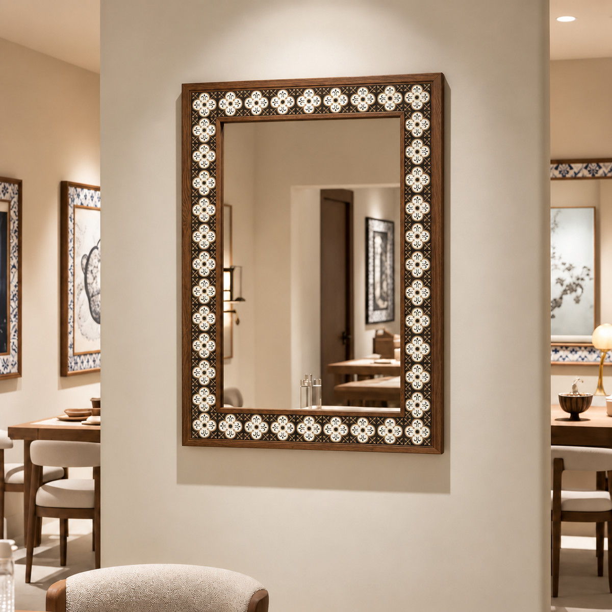 Versailles Mosaic Mirror styled in a dining room — handmade Turkish mosaic wall mirror