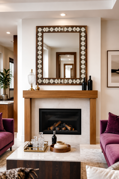 Versailles Mosaic Mirror styled above a fireplace — handmade Turkish mosaic wall mirror